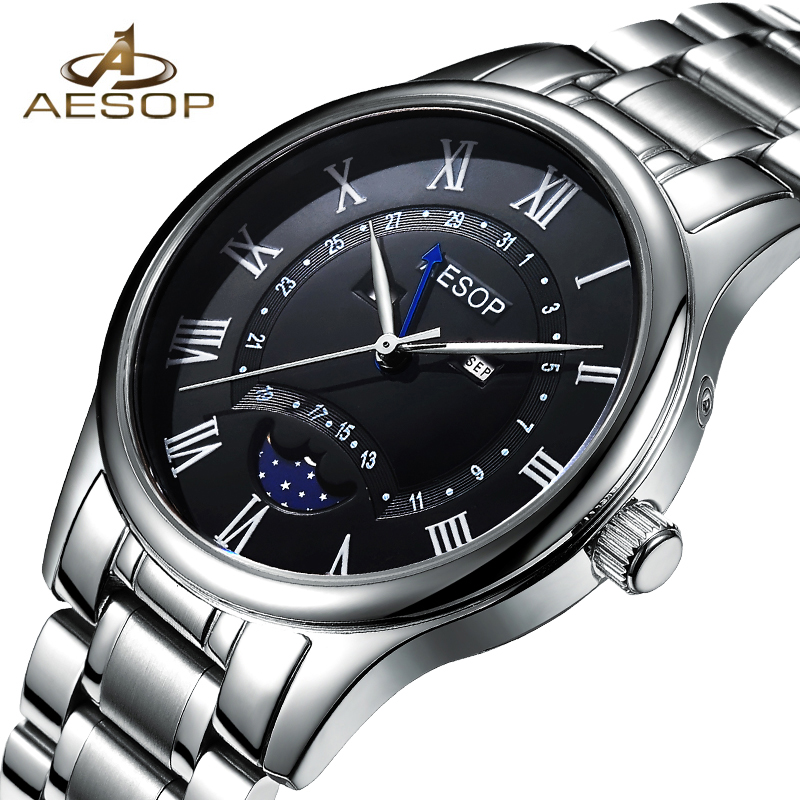 

New AESOP Watch Men Sapphire Crystal Quartz Wrist Wristwatch Moon Phase Leather Male Clock Relogio Masculino Hodinky reloj hombr, Leather brown