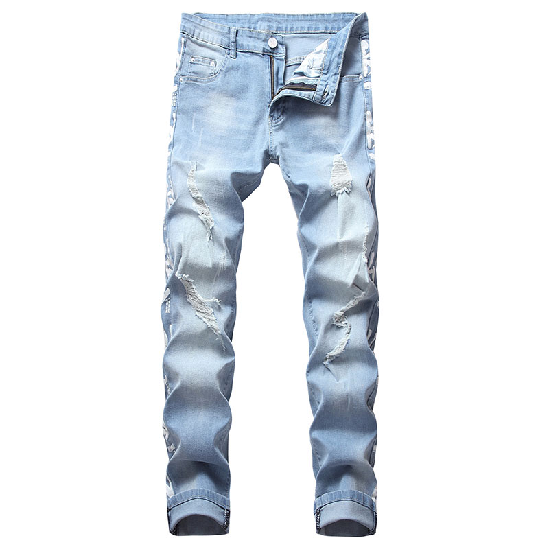 

New Men Casual jeans denim Printings Scratched Knee Holes Ripped jeans Pencil pants Elastic Mid Waist high quality, T-333 blue