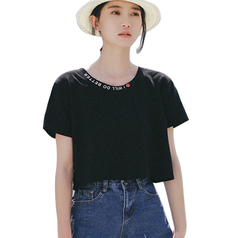

Women O-Neck Short Sleeve T-Shirts Letter Print Casual Crop Top T-Shirts Women's Clothes, Black
