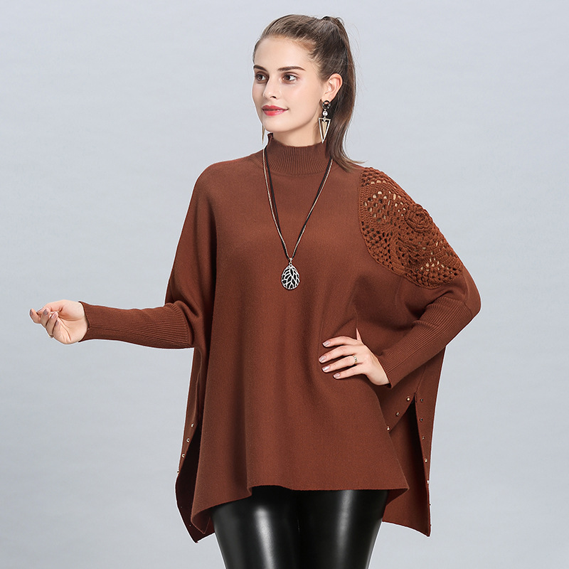 

2020 Spring Warm Knitted Loose Hollow Out Cape Sweater Autumn Pullover Fashion Women Bat Sleeve High Neck Poncho, Gray