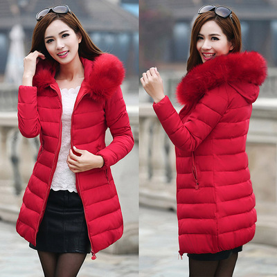 

Wholesale winter new women's slim fur collar long thick thick down cotton coat, Wine red