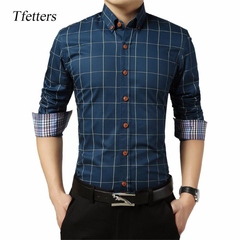 

TFETTERS Brand Classic Plaid Men Shirt Long Sleeve Casual Shirt Turn Down Collar Plus Size Social Clothes for Men, Gray