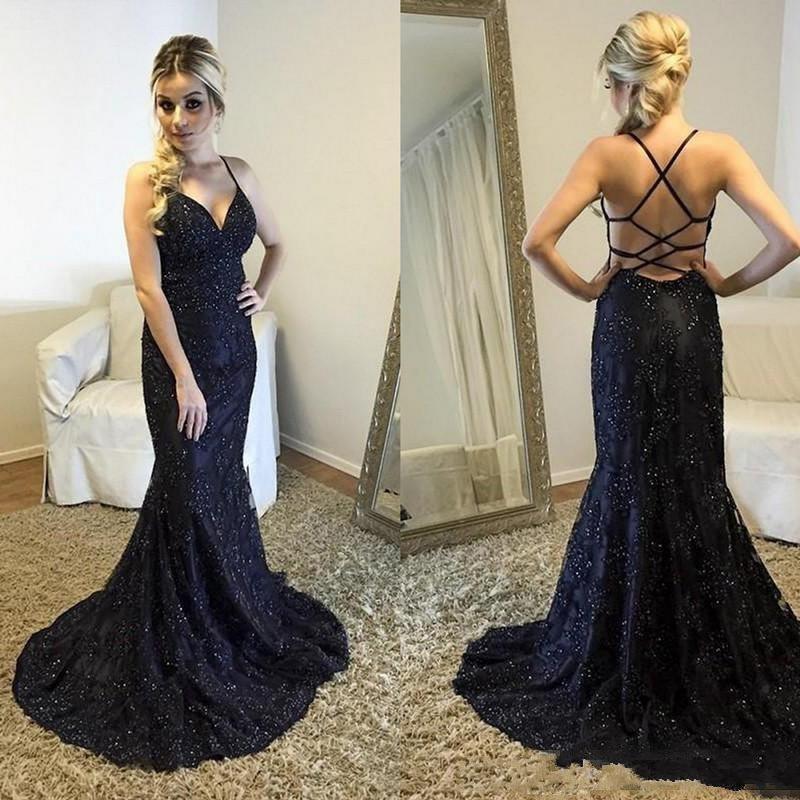 

Black Mermaid Prom Dresses Spaghetti Lace Applique Beaded Crystal Criss Cross Straps Back Sweep Train Party Wear Evening Gowns B66, Yellow