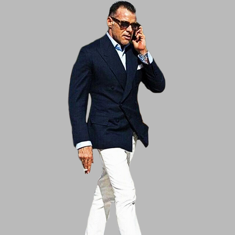 

Peaked Lapel Navy Blue Coat Business Men Suits White Pants Tuxedo Groom Suits For Men Wedding Outfit 2Pcs Homme Masculino, All black