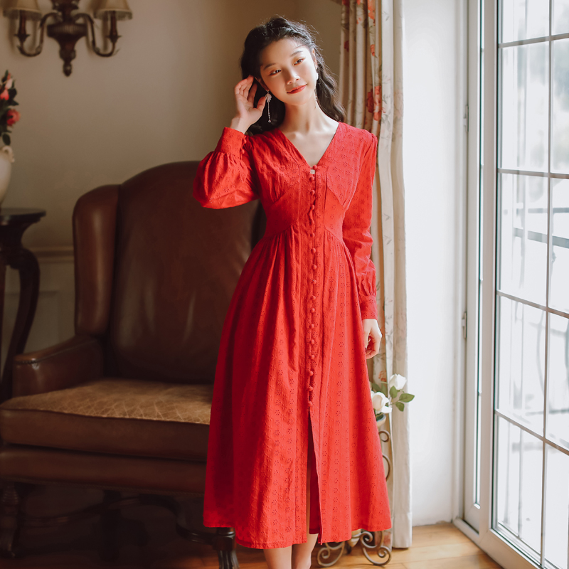 

Vintage Full Sleeve Women dress High Waist V-Neck Dresses Red TS012543