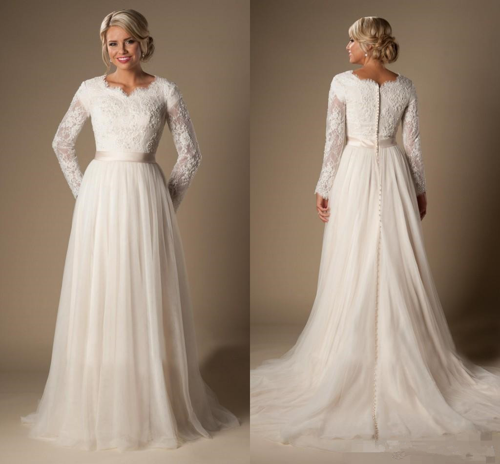 

New Modest A-Line Lace Tulle Temple Wedding Dresses Long Sleeves V-Neck Sheer Sleeves Trains Buttons Back Bridal Gown Plus Size Arabic 85, Grape
