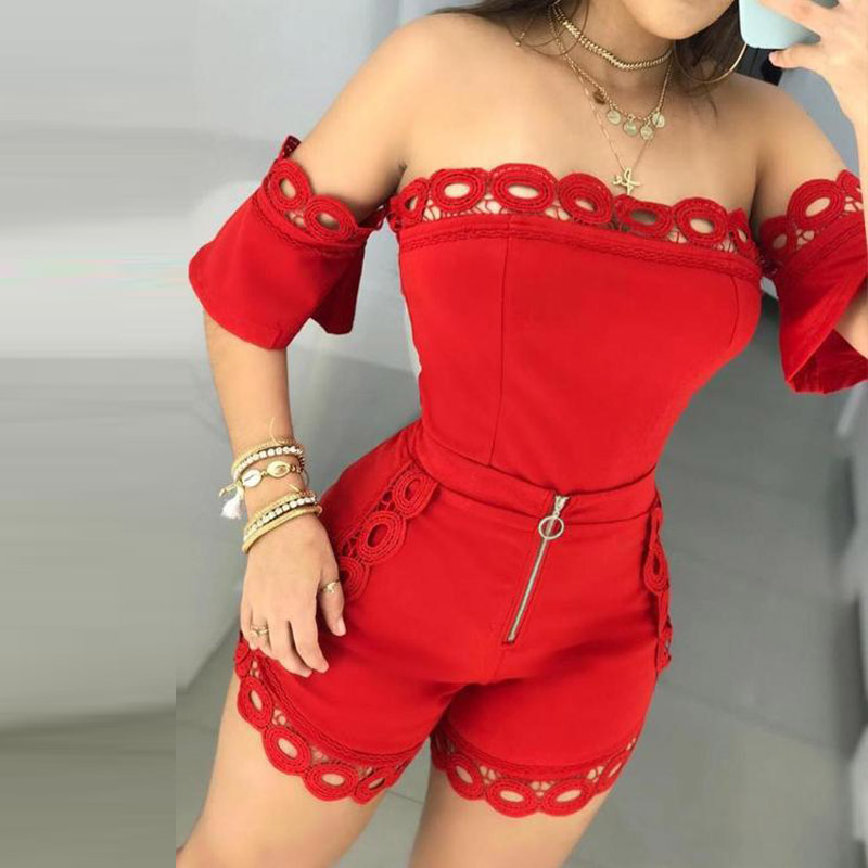 

Off Shoulder Crochet Sexy Playsuits Romper Women New Hollow Out Summer Jumpsuit Short Club Wear Lace Bodysuit Overalls, Black
