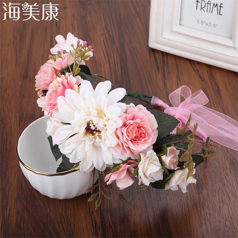 Women Flower Headband With Ribbon Wreath Wedding Garlands Floral Crown Hairband
