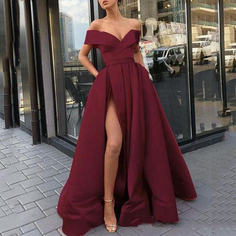 

Burgundy Off Shoulder Split Prom Dresses 2020 with Pockets Cap Sleeves Sweep Train Satin Formal Evening Party Gowns, White