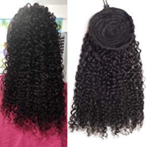 

Long Black Human Kinky Curly Hair Extensions Drawstring Ponytail Hairpiece with Two Clips 140g