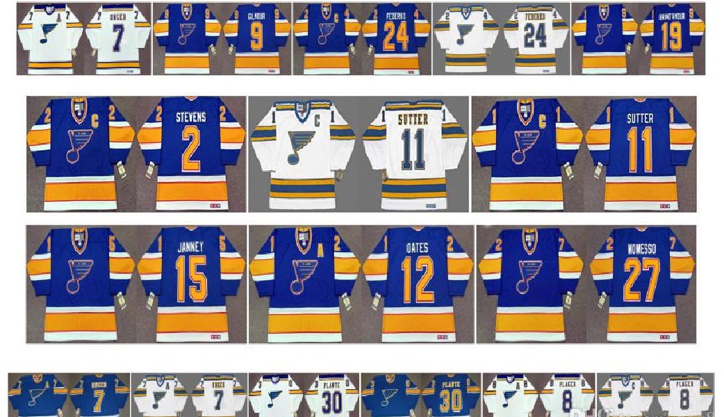 

Vintage St. Louis Blues Jersey 24 BERNIE FEDERKO 19 Rod Brind'amour 7 GARRY UNGER 8 BARCLAY PLAGER 30 Jacques Plante Blue White CCM Hockey, Colour 3