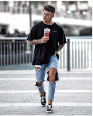 

Men' Designer Jeans Big Holes Straight Leg Trousers Loose-fitting Mid-waisted Pants Funky Leg Trousers New Pants with Zipper Hot Sale, Blue