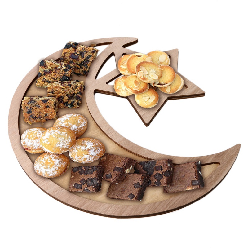 

Eid Mubarak Hollow Dessert tray Muslim Islam Ramadan Decorations Mubarak DIY Wooden Biscuit Dessert Tray Party Supplies