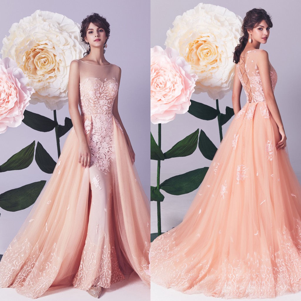 

Elegant Evening Dresses Jewel Sleeveless Lace Appliques Prom Gowns 2020 Custom Made Lace-up Sweep Train Mermaid Special Occasion Dress, White