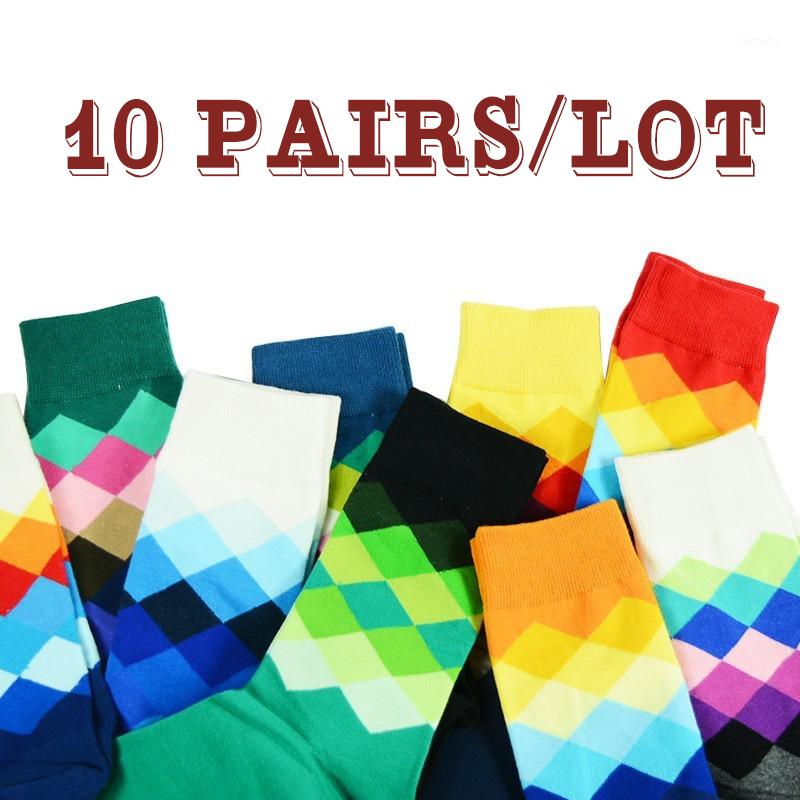 

Men's Socks Cotton Men Pattern Plaid Crew Colored Funny Happy 10 Pairs/lot Cool Man Sox Gift Long Harajuku Designer Calcetines1, Multi
