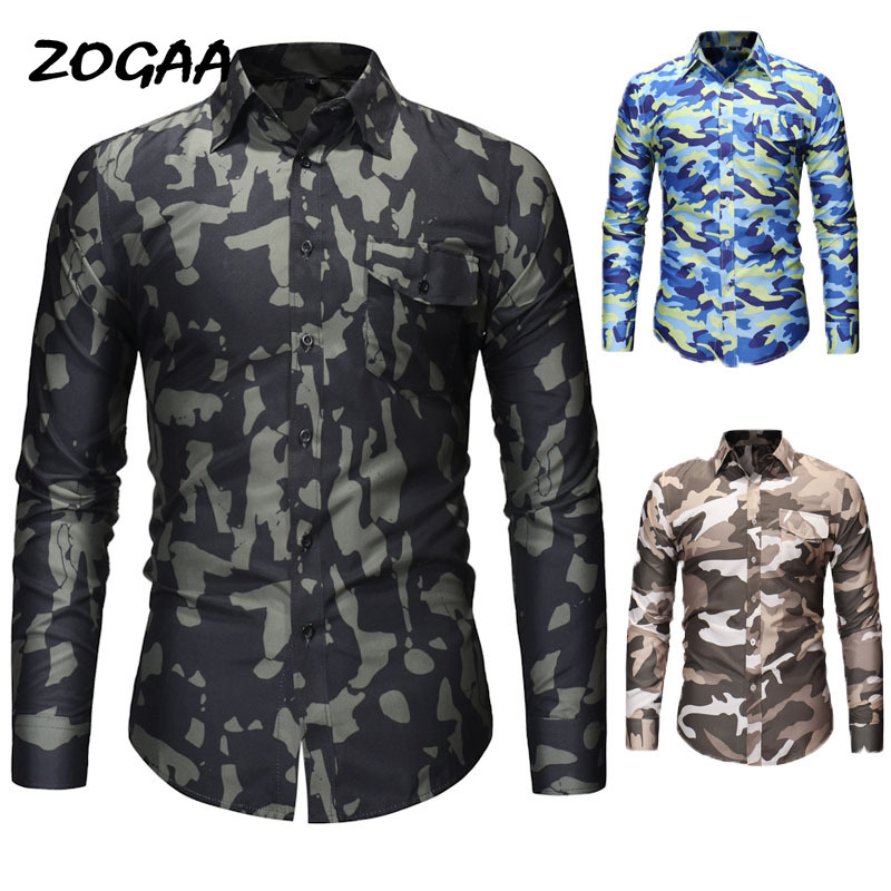 

ZOGAA 2020 new spring long-sleeved business camouflage shirt men's personality casual camouflage shirt three colors optional, Blue