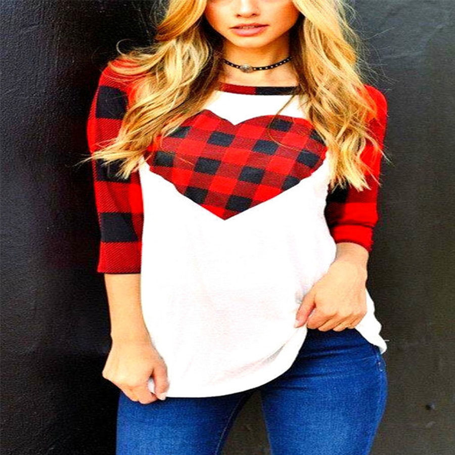 

Women Sweat Absorb T-shirts Valentines Day Love Heart Plaid Blouse Long Sleeves Round Neck T-shirt Female Elastic Breathable Top DH0844