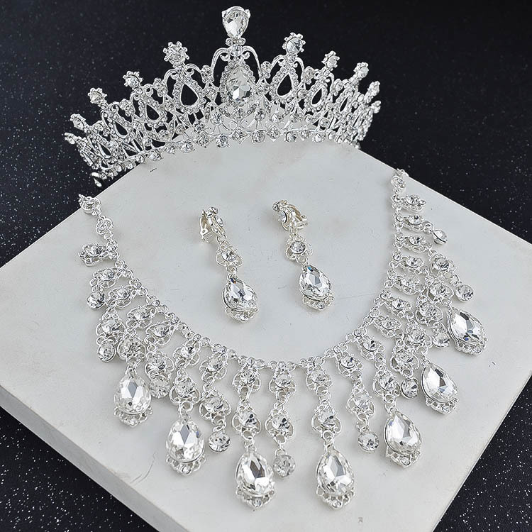

Vintage 2022 Crystal Silver Bridal Crown Jewelry Necklace Earring Sets Women Wedding Accessories Set Formal Events Weardress, White