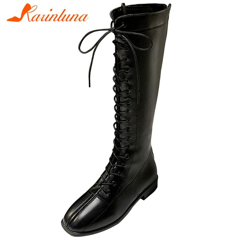 

KARIN New Design Female Street Fashion Low Heel Boots Cool lace-up Knee High Boots Women Black Fretwork Shoes Woman