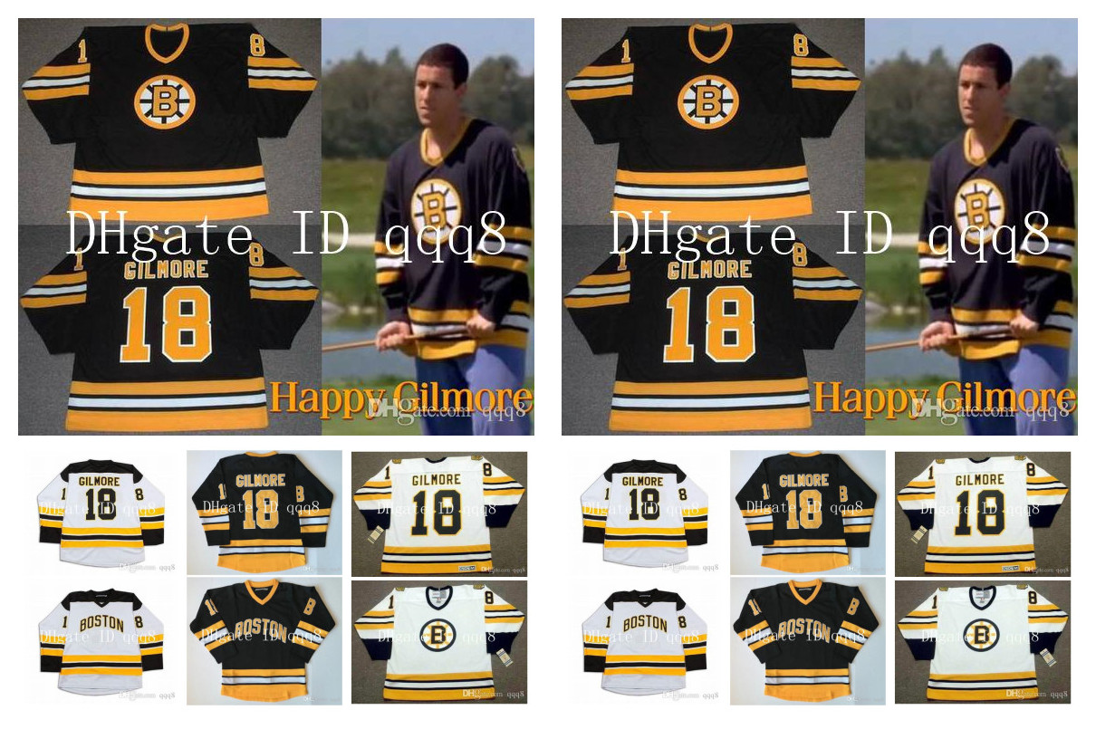 

Top Quality ! Vintage Boston Bruins 18 Happy Gilmore Jersey Black White Movie Stitched CCM Hockey Jersey Size S-3XL, As pic