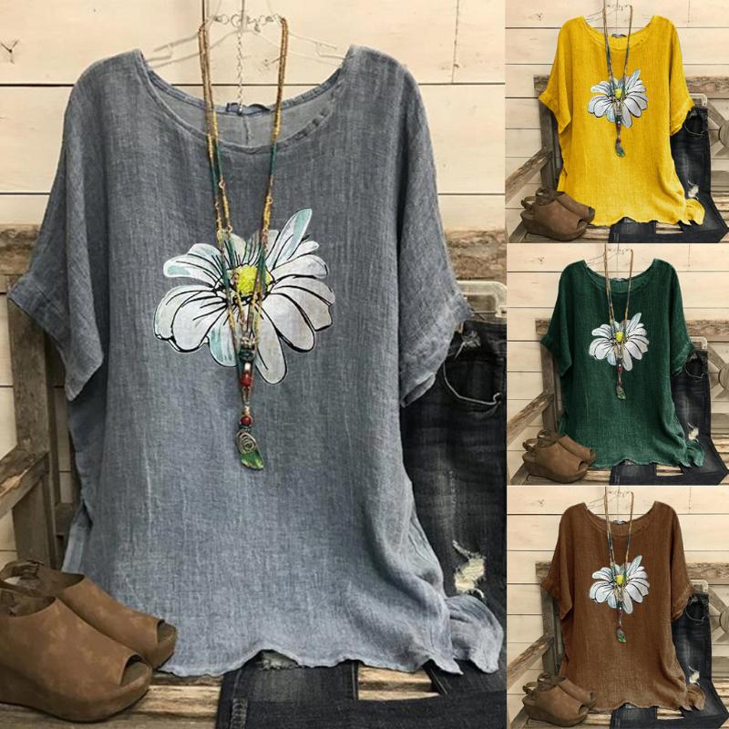 

Top shirts Blouse Women Vintage Cotton-Blend O-Neck Short Sleeve Floral Print Loose Casual Blouses Summer Breathable clothing, Color h