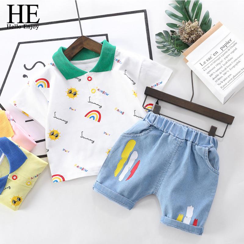 

HE Hello Enjoy Baby Boys Clothes Sets 2020 Summer Fashion Cartoon Letter T-shirt Top + Shorts Casual Sports Suits Kids Clothing, Beige