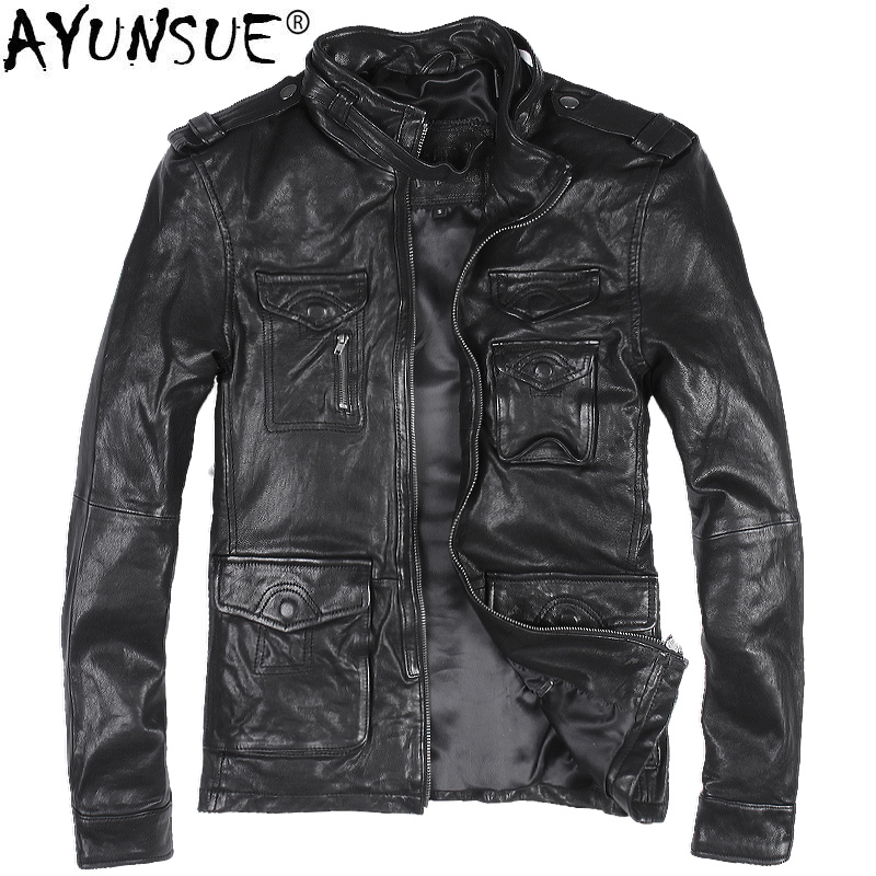 

AYUNSUE Genuine Leather Jacket Men Real Sheepskin Coat Motorcycle Jacket Man Vintage Leather Jackets Veste Cuir Homme 813 KJ1932, Black