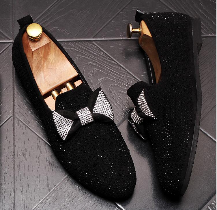 

Handmade Black Rhinestone embroidery Men's Suede Loafers Wedding Party Men Shoes Luxury Gold Noble Elegant Dress Shoes for Men