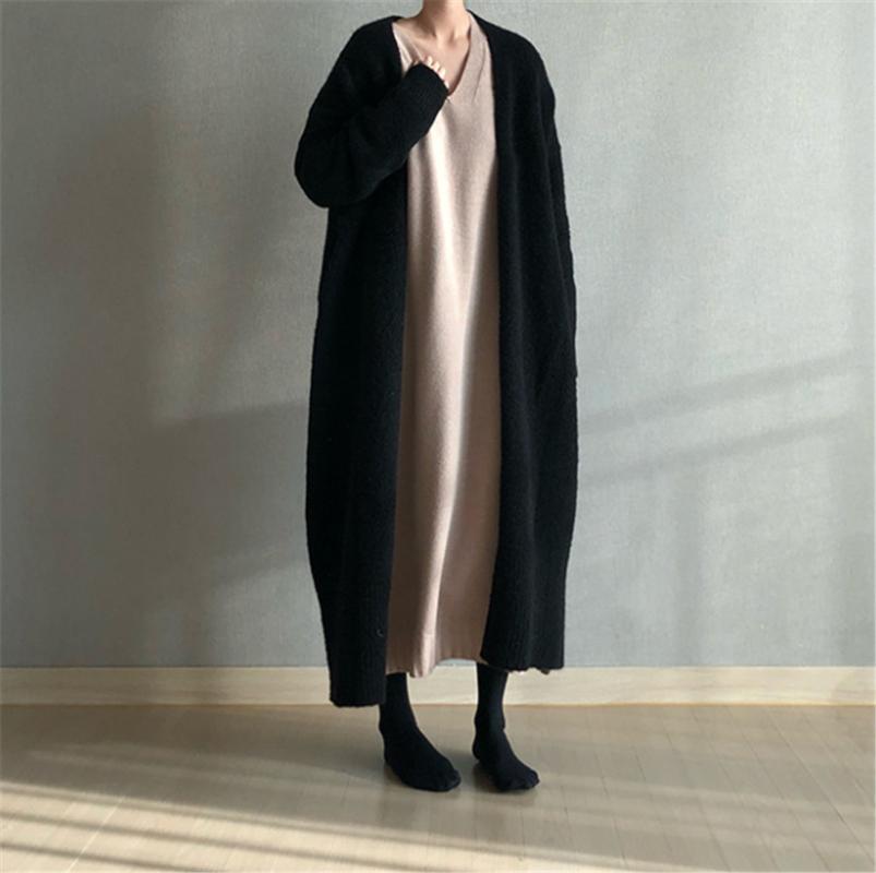 

Autumn Winter 2020 Spring New Products Fashion Solid Color Loose Long Knee-length Cardigan Sweater Coat Female PZ3107, Black