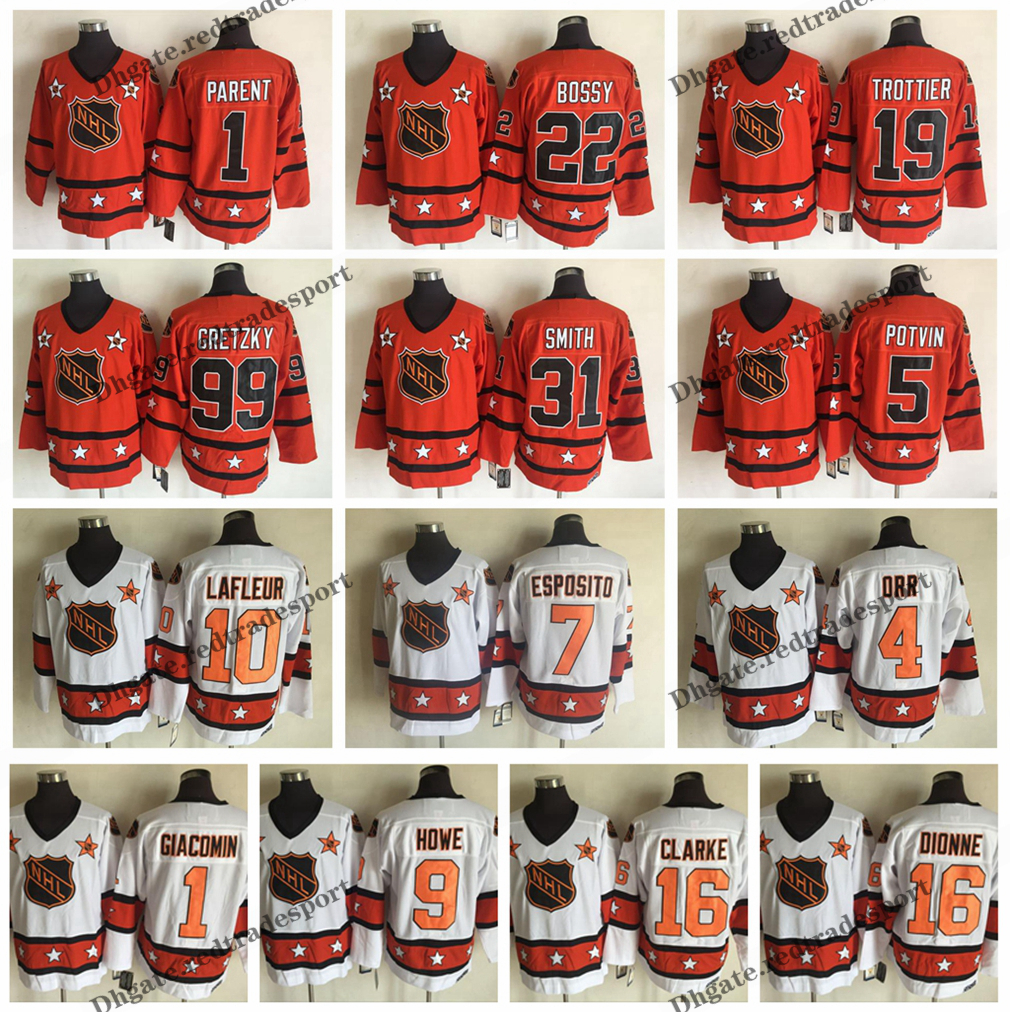 

1980 All Star Orange Campbell 99 Wayne Gretzky 19 Bryan Trottier 31 Billy Smith 22 Mike Bossy 1 Bernie Parent 5 Denis Potvin Hockey Jerseys, White 9