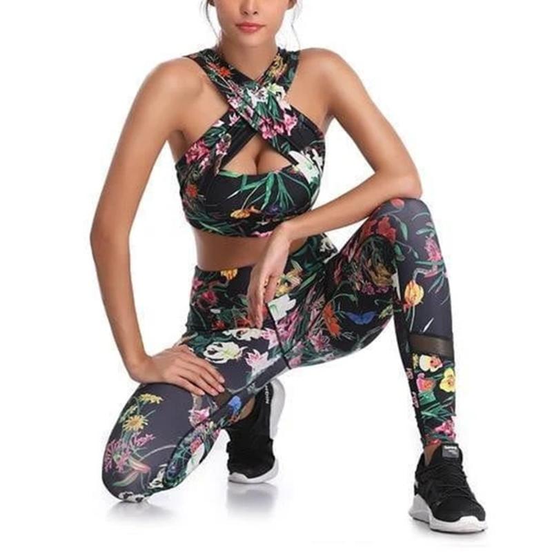

Women Yoga set Sportswear 2 Piece Tracksuit Vest Crop Top Leggings Floral Stretch Fitness Jogging Gym Wear Set Workout Clothing