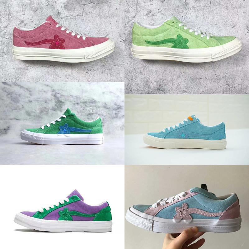 

2019 New TTC The Creator x One Star Golf Le Fleur Wang Suede Red Blue Purple Green Pink Sunflower Casual Skate Shoes With Bag Box Size 36-45