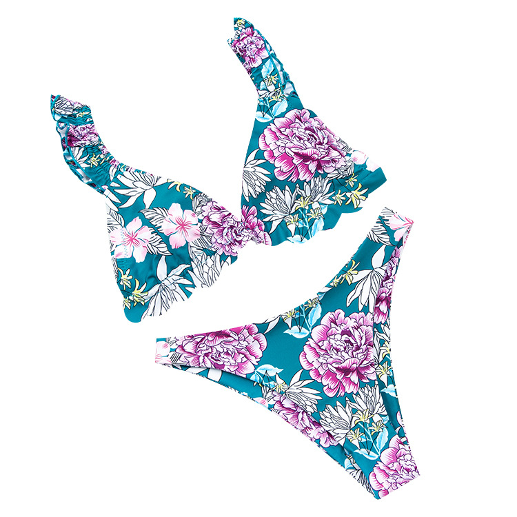 

Melphieer Lady' 2020 flowers prints ruches ruffle shoulder top high cut bottom brazilian bikini set