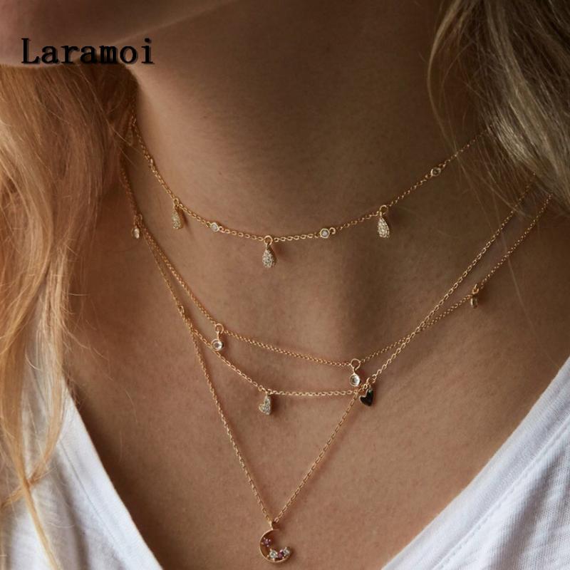 

Laramoi Choker Necklace Chain Link Long Layered Necklace Celebrity Moon Gold Crystal Pendants For Women Jewelery