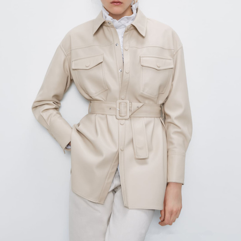 

Motorcycle Women Leather Shirt Street Personality Metal Single Buttons Pu Shirt New Autumn Winter Casual Long Sleeve Tops Blouse, Beige