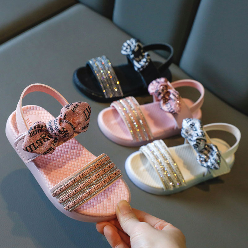 

Kids Crystal Sandals New Baby Princess Girls Summer Open Toe Beach Shoes Letters Soft Anti-Slip Rome Flat Dress Shoes Size 25-36, Black