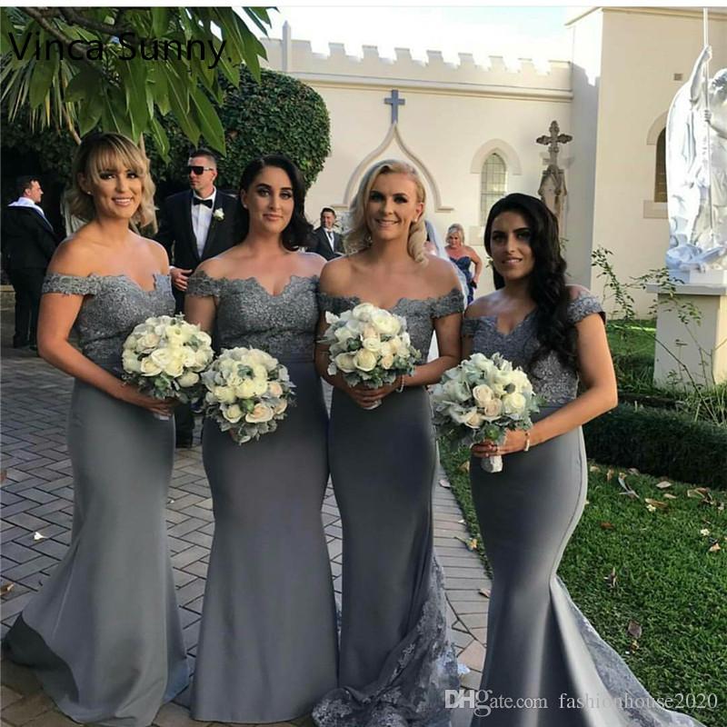 grey off the shoulder bridesmaid dress