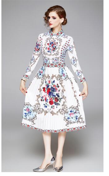 

Lapel Print Waist Mid-Long Long Sleeve Pleated Dress, Blue