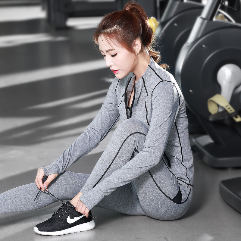 

Wholesale- Women' Fitness Exercise Fitness Suit Set Of Yoga Suits Three Sets Of Female Long Sleeved Pants Haren, Light gray