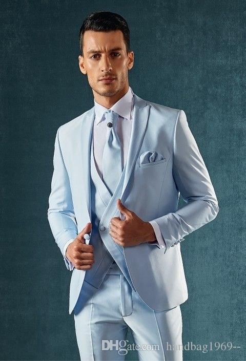 

High Quality One Button Light Blue Groom Tuxedos Peak Lapel Groomsmen Best Man Mens Wedding Suits (Jacket+Pants+Vest+Tie) D:185, Same as image