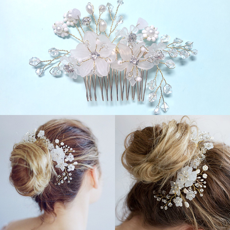 

bride handmade flower comb hairpins, white wedding dress accessories headdress Wholesale