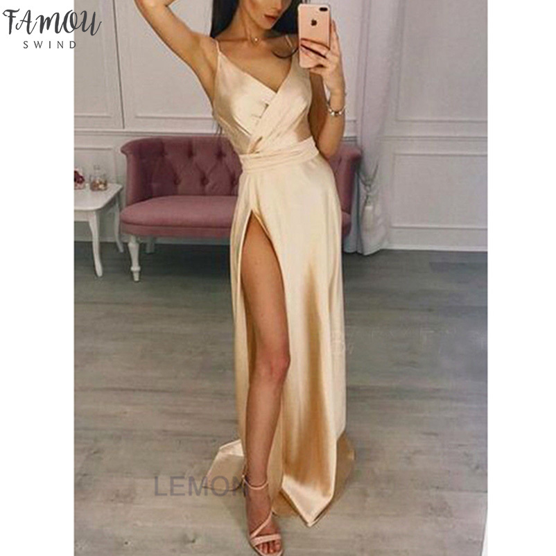 

Fashion Women Split Strappy Sparkle Slit Formal Wedding Long Dresses Evening Sexy Silk Sleeveless V Neck Party Dress, Champagne
