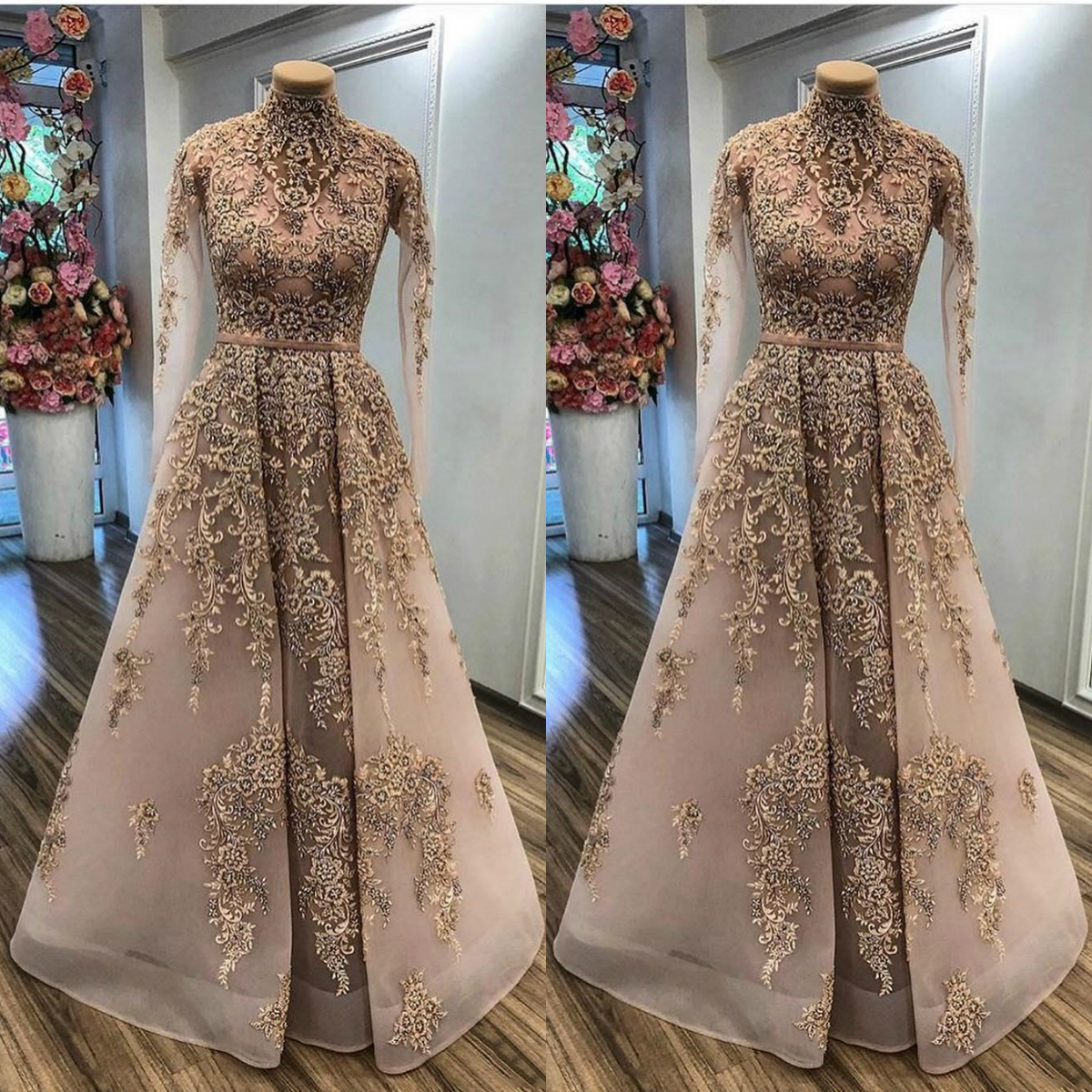 

Luxurious Lace Beaded 2019 African Dubai Evening Dresses High Neck Long Sleeves Prom Dresses Vintage Formal Party Bridesmaid Pageant Gowns, Daffodil