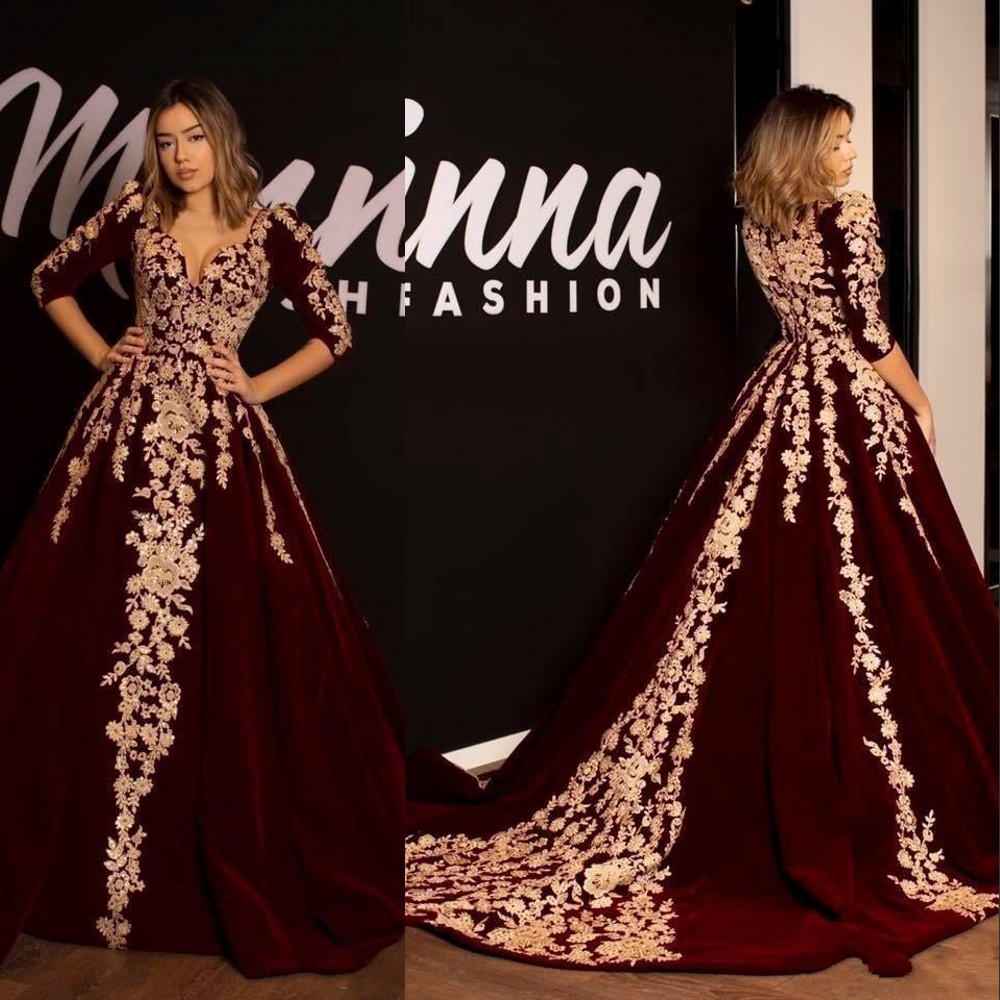 

2020 New Arabic Burgundy Velvet Prom Dresses Sweetheart Champagne Lace Appliques Beads 1/2 Long Sleeves Ball Gown Party Dress Evening Gowns, Black