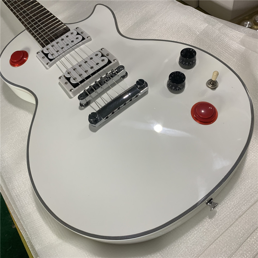 

Free Shipping New Custom Rare Buckethead Studio Baritone Guitar Red Button Arcade Button Kill Switch Alpine White Electric Guitar With Guita