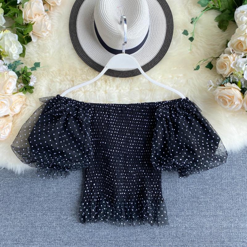 

2020 Summer Korea Fashion Women Casual Sweet Short Polka Dot Slash Neck Puff Sleeve Blouse and Top H497