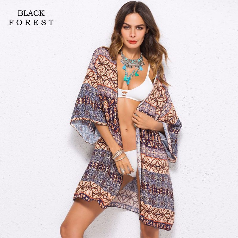 

2019 New Summer European and American Fashion Women's Wear Beach Loose coat Long-sleeved printed Trend Large-size Thin Cardigan, No. 1 colour