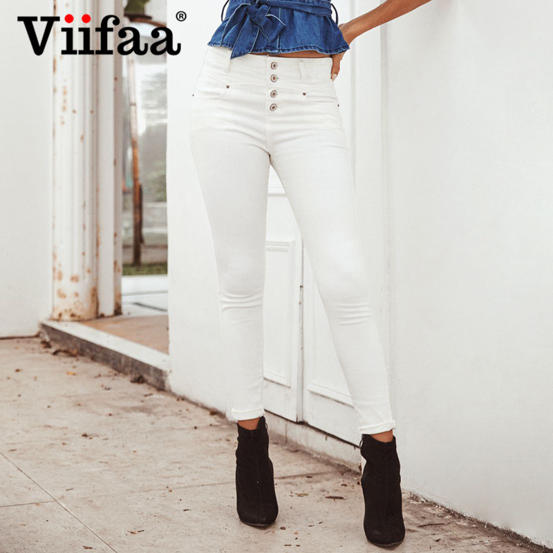 

Viifaa White Solid Button Up Stretchy Skinny Denim Jeans Women Spring Mid Waist Push Up Streetwear Slim Fitted Pencil Jeans
