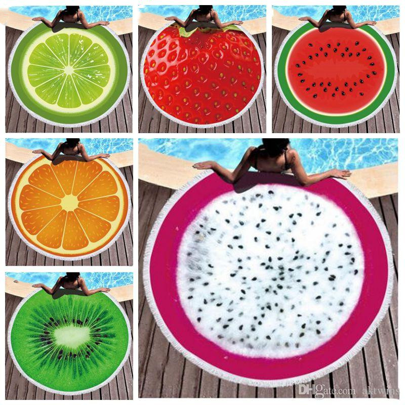 

round beach towel polyester Tassel tapestry Summer fruit hippie Mat print tablecloth yoga mat sunscreen shawl wrap shower blanket LXL58-1, As pictures