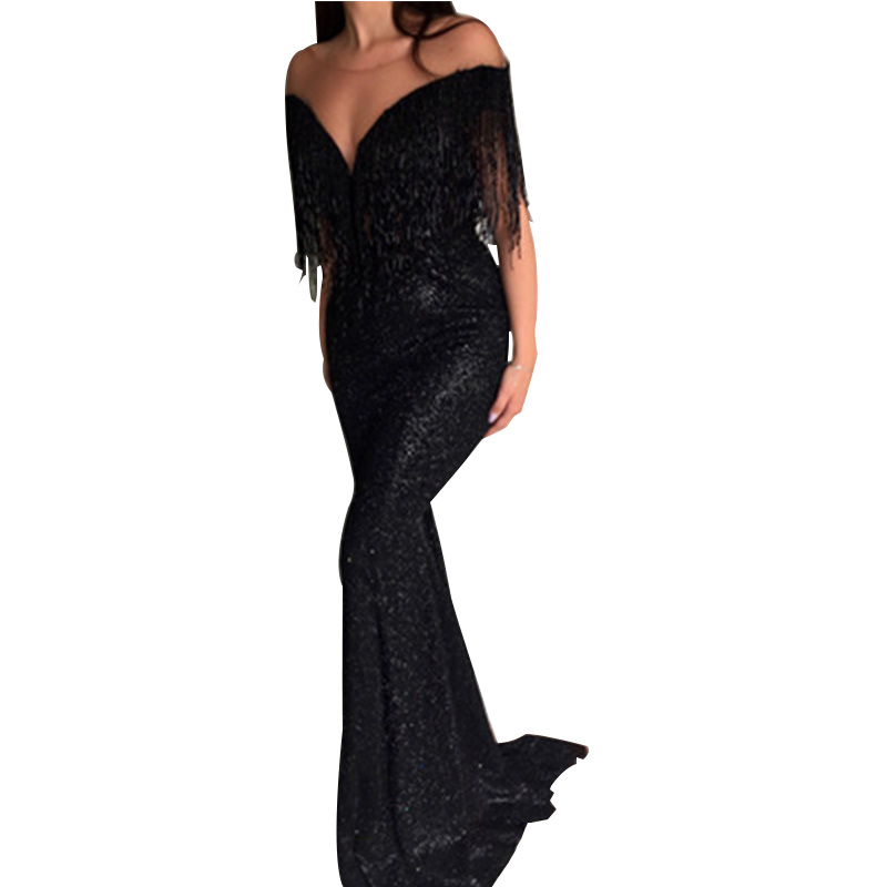 

Women Deep V-neck Off Shoulder Long Dress Sexy Slim Sequin Fringe Tassels Evening Bride Gowns Harajuku Black Party Dress